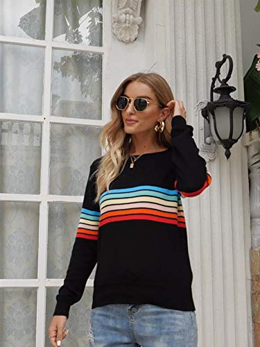 ECOWISH Women's Sweater Colorful Striped Sweaters Long Sleeve Crew Neck Casual Pullover Knit Blouse Tops 207 White Orange X-Large