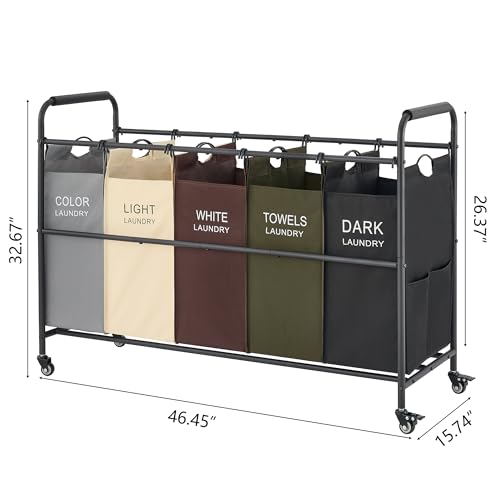 Tajsoon 5 Bag Laundry Sorter Cart, 5 Section Laundry Hamper Sorter with Heavy Duty Lockable Rolling Wheels for Dirty Clothes Storage, 5 Colors