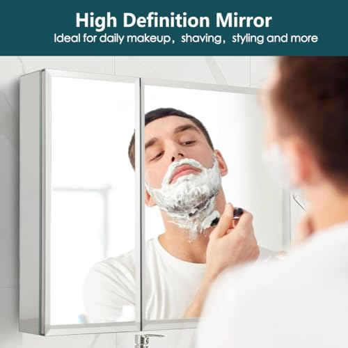 Double Doors Medicine Cabinet with Mirror, 30 inch X 26 inch Aluminum Bathroom Medicine Cabinet, Adjustable Glass Shelves, Waterproof and Rust-Resist, Recess or Surface Mount Installation,Silver