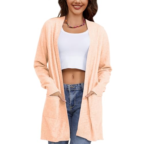 Women's Long Casual Cardigan Long Sleeve with Pockets Front Open Cardigan for Women Apricot