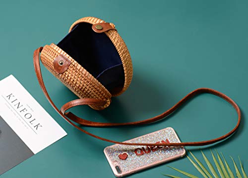 Handwoven Round Rattan Bag Shoulder Leather Straps Natural Chic Hand