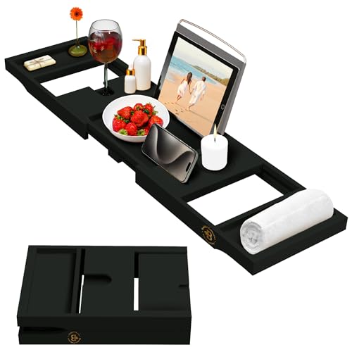Bambüsi Bathtub Tray Table - Collapsible & Adjustable Bathtub Caddy - Space-Saving Folding Bath Tub Tray - Wood Bathtub Accessories - Unique Valentines Day Gifts for Women or Men (Black Bamboo)
