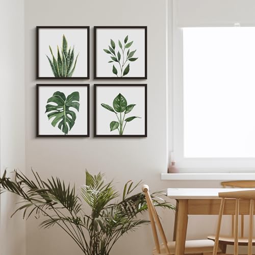 ArtbyHannah Bathroom Wall Art Set of 4 Botanical Wall Decor Green Plant Picture Frame Prints for Home Bedroom Restroom Decoration (Black, 10x10)