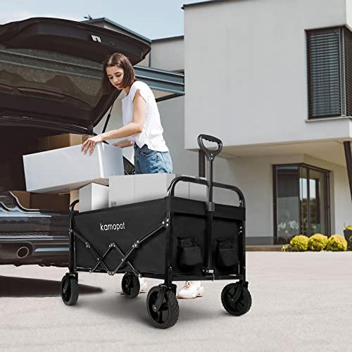 Kamopot Large Collapsible Wagon Foldable for Grocery, Beach, Park, Yard, 34 x 18 Inch Inner Storage. Folding Utility Shopping Cart on Wheels. Heavy Duty, Durable w/Cupholders (Black)
