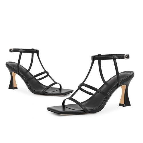 Modatope Gold Kitten Heels for Women Strappy T-Strap Sandals 2024 Square toe Ankle Strap Heeled Sandals 2024 Open Toe 3 inch Womens Heels Size 6.5