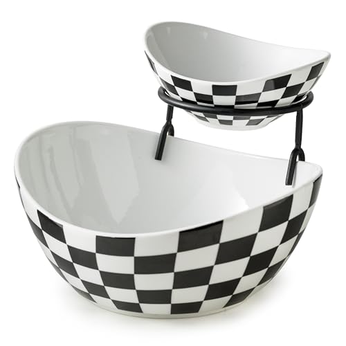 Miamolo Tiered Serving Bowls Chip and Dip Serving Set, Checkered Serving Bowl with Stand, Ceramic Appetizer Serving Dishes Serving Platters and Trays for Parties Entertaining