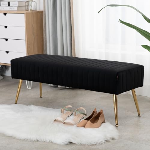 Furnimart 44 Inch Bedroom Ottoman Bench, Black Upholstered End of Bed Bench with Gold Legs for Living Room Bedroom Dinning Room Entryway, Black