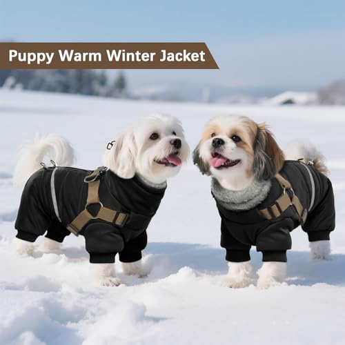 BRKURLEG Black Dog Coat with Harness, Dog Winter Jacket, Dogs Onesie Body Warm Jackets, Small Dogs Winter Coats Reflective Windproof Warm Cold Weather Coats, Pet Waterproof Jacket Hiking S