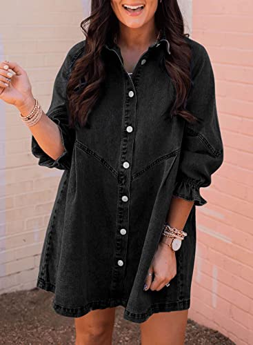 Sidefeel Womens Smocked 3 4 Sleeve Button Down Denim Jeans Dresses Small Black