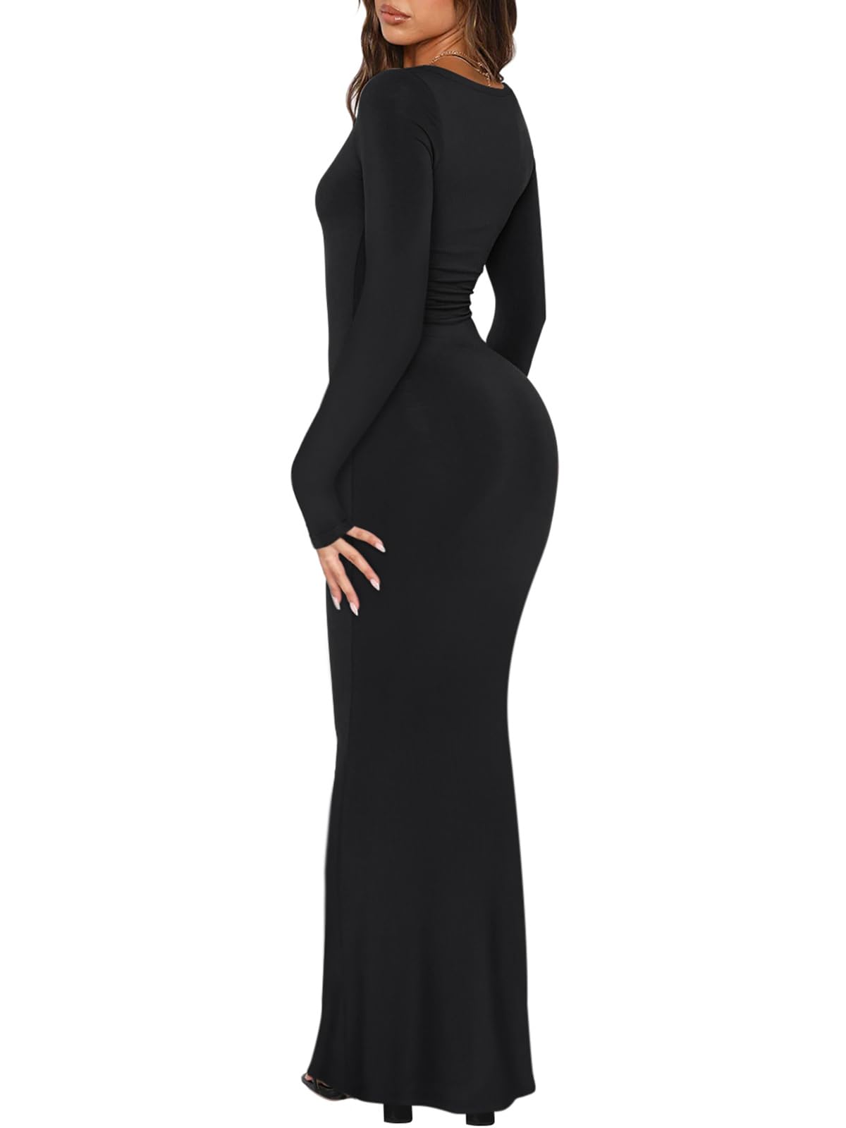 REORIA Womens Sexy Casual Scoop Square Neck Long Sleeve Soft Lounge Long Dress Fall Wedding Guest Elegant Ribbed Bodycon Maxi Dresses Black Large