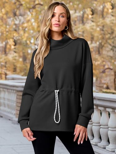 ANRABESS Womens Turtleneck Sweatshirts Drawstring Waist Pullover Tops Loose Fit Long Sleeve Hoodies 2024 Fall Preppy Outfits White Medium
