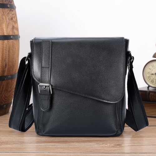 Masa Kawa Men's Black Leather Messenger Bag Retro Small Crossbody Shoulder Bag for Men Women Flap Over Man Purse Fits 10 Inch Tablet