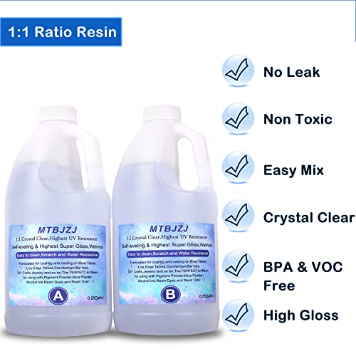 MTBJZJ Crystal Clear Epoxy Resin - Epoxy Resin Kit Scratch Resistant, Ultra Clear Finish Casting Resin and Hardener | for Resin Molds, Desktop, Craft, Jewelry Casting, DIY - 0.5 Gallon Kit