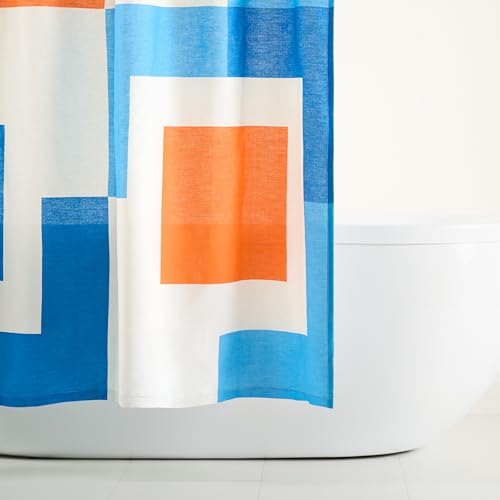 TOWN & COUNTRY PLAY Lucy Mid Century Squares Cotton-Rich Breathable Fabric Shower Curtain with Anti-Rust Grommets, White/Orange/Blue, 70"x72"