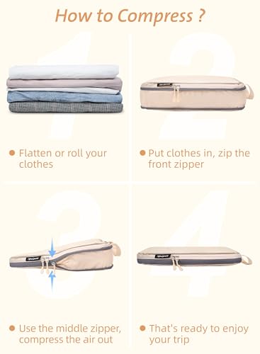 Bagail Ultralight Packing Cubes 7 Set, 3 Compression Packing Cubes 3 Packing Organizers With 1 Shoe Bag-Beige