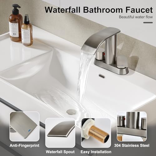 M OUDEMEI Two Handles Waterfall Bathroom Faucet, 4 Inch Centerset Sink Faucet, 2 or 3 Holes Bathroom Sink Faucet, Stainless Steel Lavatory Vanity Faucet with Pop Up Drain (Brushed Gold)