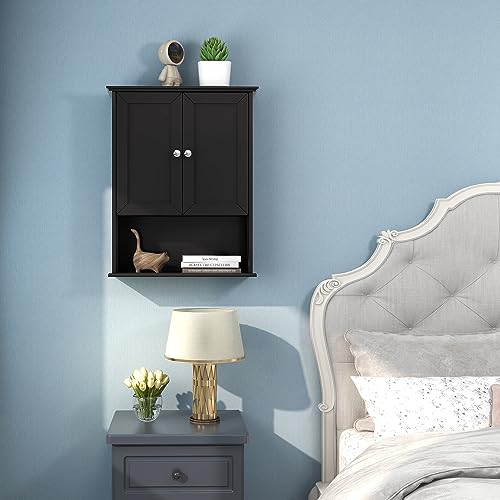 VANIRROR Black Wall Cabinet 24x30 Inch Wooden Over The Toilet Storage Cabinets with 2 Doors, Above Toilet Storage Medicine Cabinets for Bathroom Laundry Room Bedroom Kitchen