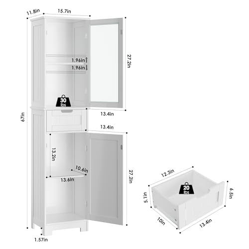 HORSTORS Bathroom Cabinet, Storage Cabinet with 2 Doors & 1 Drawer, Floor Freestanding Cabinet with Adjustable Shelves, Narrow Tall Cabinet for Bathroom, Living Room, Home Office, White