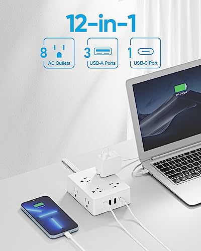 Surge Protector Power Strip, Olcorife Ultra Thin Flat Plug Extension Cord 5ft, 8 Outlets 4 USB Ports(1 USB C), Flat Wall Plug Outlet Extender, College Dorm Room Essentials, White