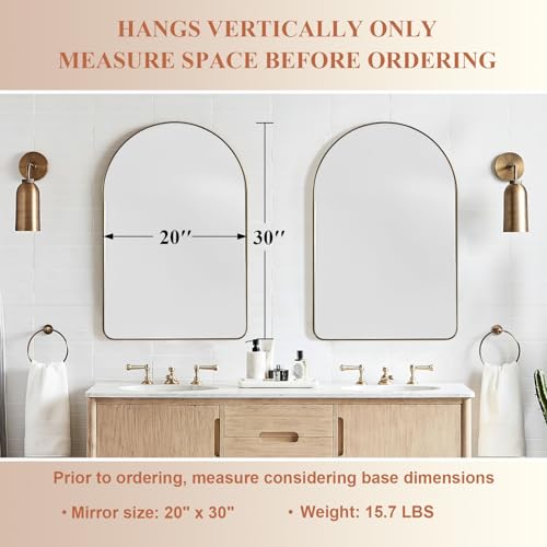 ANDY STAR Arched Mirror, 20" x 30" Gold Bathroom Mirror in Stainless Steel Metal Frame, Arch Top Rounded Corner 1" Deep Set Design Wall Mount Hangs Vertical