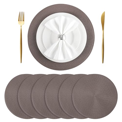 BAOFIN Placemats Set of 6, Round Placemats for Dining Table, Washable Woven Non-Slip Placemats, 15 inch, Brown