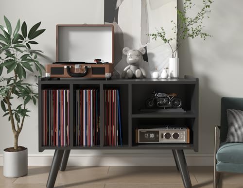Record Player Stand with Vinyl Storage Holds Up to 300lb, Large Record Player Table Cabinet for Album Storage with Holder Vinyl Display Shelf, Wood Turntable Stand for Bedroom Living Room (Black)