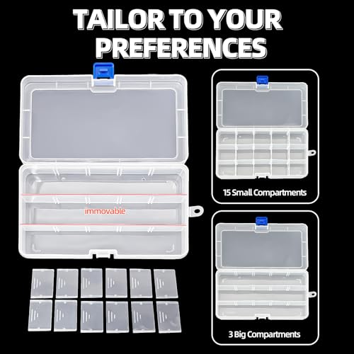DUOFIRE Plastic Organizer Container Storage Box Adjustable Divider Removable Grid Compartment for Jewelry Beads Earring Container Tool Fishing Hook Small Accessories(15 grids,White x 2)