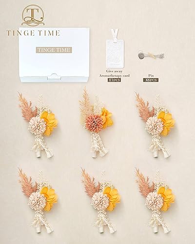 TINGE TIME Boutonniere for Men Wedding, Set of 6, Beige Artificial Groom Boutineer for Wedding Ceremony Anniversary, Formal Dinner Homecoming and Prom