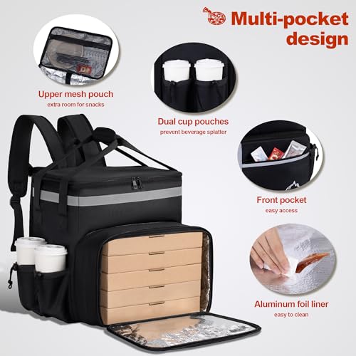 GoHimal Food Delivery Backpack,insulated food delivery bags for Delivery Bike,Large Pizza Delivery Bag for HOT/COLD with 4 Pockets Reflective Perfect for Uber Eats,Camping & Beach