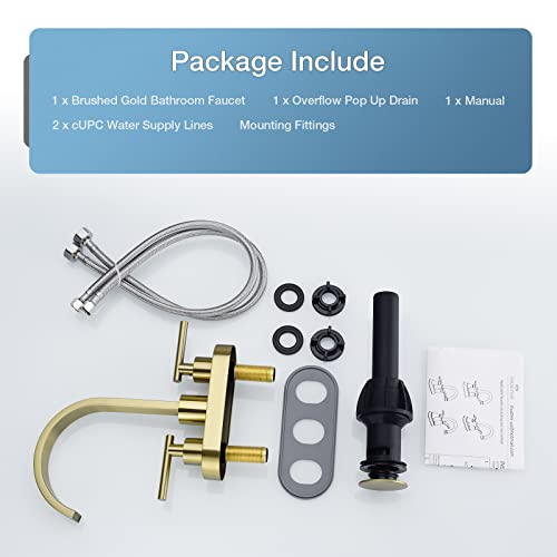 DIKUROOMS 4 Inch Centerset Bathroom Sink Faucet 2 Handle Vanity Basin Faucets with Overflow Pop-up Drain Assembly and cUPC Water Supply Lines, 360 Degree Swivel Square Spout, Brushed Gold