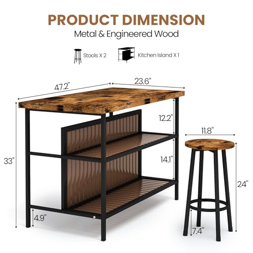 DKLGG Dining Table Set for 2 with Storage, Modern Kitchen Island with Seating 3 Piece Kitchen & Dining Room Sets Island Table for Small Space, Apartment, Home Bar, Brown