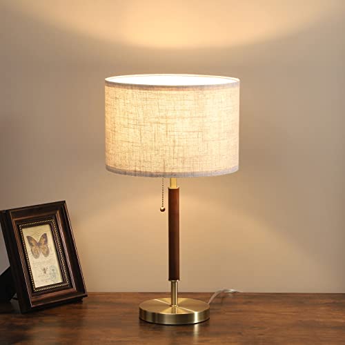 EDISHINE Mid Century Table Lamp, Bedside Lamp with Pull Chain Switch, Solid Wood & Metal Pole, Modern Nightstand Table Lamp for Living Room, Bedroom, Office, Frosted Bronze & Wood Finish