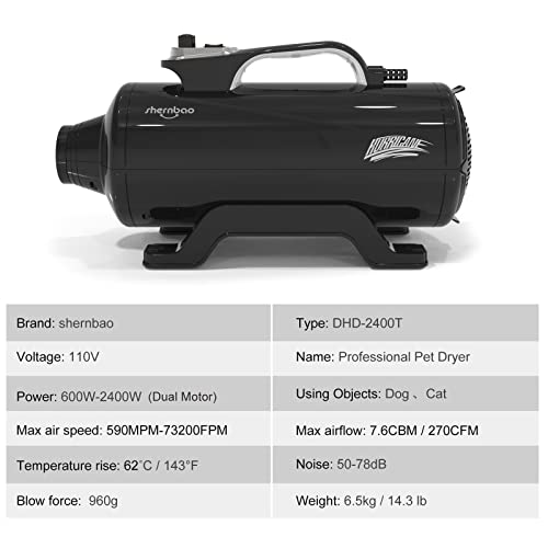shernbao Dog Dryer High Velocity Professional Dog Pet Grooming Hair Drying Force Dryer Blower 6.0HP (DHD-2400T) (6.0HP, Jet Black)