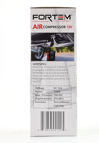 FORTEM Tire Inflator Portable Air Compressor 150 PSI, 12V Electric Bike Pump for Car Tires and Bicycles with LED Light, Digital Tire Pressure Gauge w/Auto Pump/Shut Off, Carrying Case (Black)