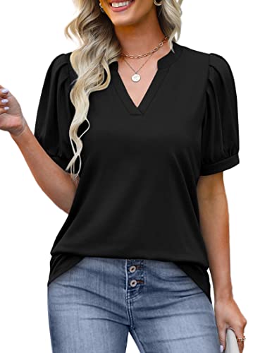 Womens Floral Tops Summer Short Puff Sleeve Shirts Flowy Tunic for Women V Neck Black S