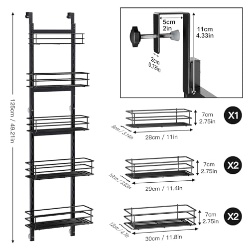 ODesign Height-Adjustable Baskets 5-Tier Over the Door Pantry Organizer,Narrow Pantry Door Organizers and Storage-Spice Rack Wall Mount-Door Organizer Metal Hanging,Home & Kitchen Essentials-Black