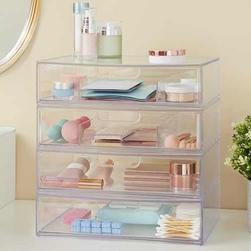 STORi Sofia 12.5” Wide Clear Stackable Open & Divided Storage Drawers, 2 Pack Plastic Organizer Bins for Makeup Palettes, Cosmetics, & Beauty Supplies, Vanity, Bathroom, Desk Organization, Made in USA