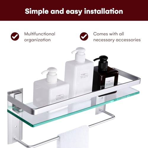 Vdomus Glass Bathroom Shelf with Hand Towel Bar, Rectangular Wall Mounted Bathroom Shelf Storage Extra Thick Tempered Glass, 15.2x4.5 inches with Brushed Silver Finish