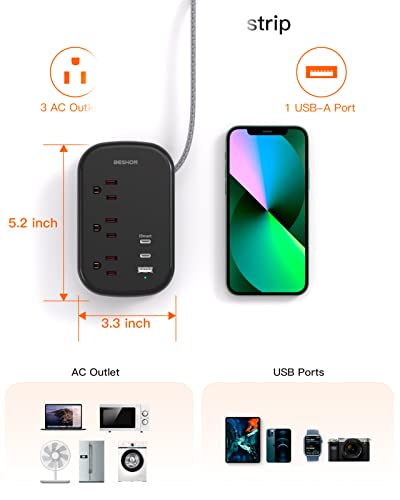 USB C Travel Power Strip, Ultra Flat Extension Cord, Flat Plug Power Strip, 3 Outlets with 3 USB Ports(2 USB C), 3.2ft Wrapped Around Extension Cord for Cruise Ship, Travel Essentials, Black