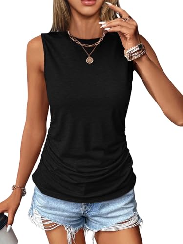 Micticsi Womens Ruched Tank Tops Crewneck Sleeveless Tops Dressy Casual Spring Summer Tops for Women 2024 Pink