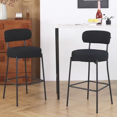 DYHOME Bar Stools Set of 2, 27 Inches Black Boucle Counter Height Bar Stools with Back, Modern Metal Barstools for Kitchen Island