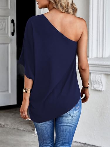 Verdusa Women's One Shoulder Dolman Sleeve Longline Tunic Tee Top Blouse Royal Blue M
