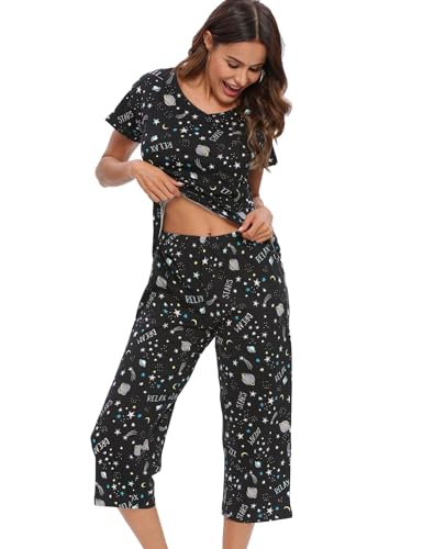 ENJOYNIGHT Womens Pajama Sets Cotton Pj Set Short Sleeve Top With Capri Pants Sleepwear 2 Piece Lounge Set (Medium,Wine Red)