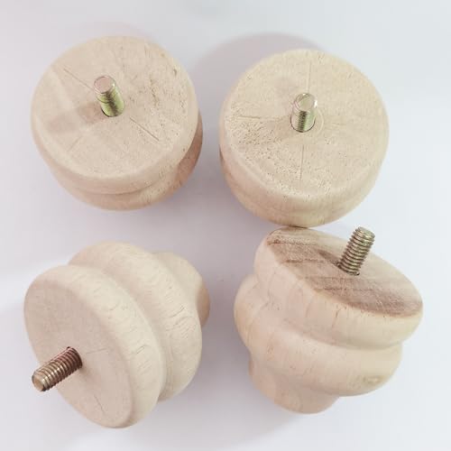 Btibpse 2 Inch Wooden Furniture Legs, Solid Wood Unpainted Replacement Furniture Legs, Cabinet Legs/Desk/Sofa/Bookcase Bun Feet, DIY Wooden Round Legs with Mounting Plate & Screws Set of 4