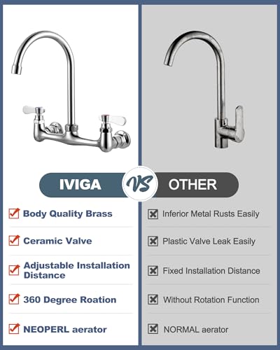 iVIGA Commercial Sink Faucet with 6” Gooseneck Swivel Spout, 8" Center Wall Mount Kitchen Faucet, Dual Handles Brass Utility Sink Faucet for Laundry Room Restaurant Compartment Sink, Polish Chrome