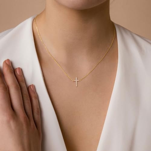 HANLI Cross Necklace for Women, 14k Gold/Silver Plated Dainty Simple Tiny Cross Necklace