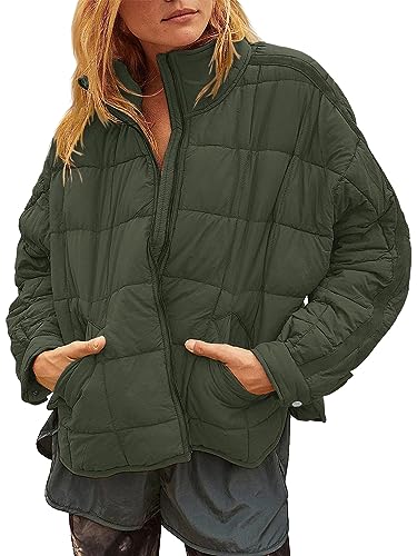 Muchpow Women's Lightweight Down Coat Long Sleeve Full Zipper Oversized Packable Short Puffer Jackets(Army Green,Small)