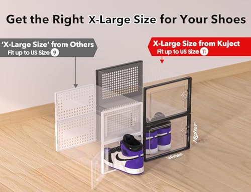 Kuject X-Large Shoe Storage Boxes Organizers Clear Plastic Stackable 4 Pack, Shoe Rack & Holder Substitute, Sneaker Containers, Toy Storage Organizer Bins for Entryway, Closet, Under Bed, Grey