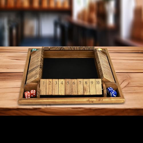 VAMSLOVE Shut The Box Dice Game Wooden Board for 2-4 Player, 4 Sided 10 Numbers Math Games with 8+4 Dices Close The Box for Kids Adults(Instructions Included)