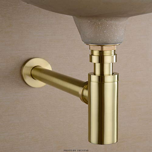 TRUSTMI Bottle Trap, Brass Decorative 1 1/4 Bathroom Sink P Trap, Large Body Round Lavatory Waste Drain Kit, Brushed Gold